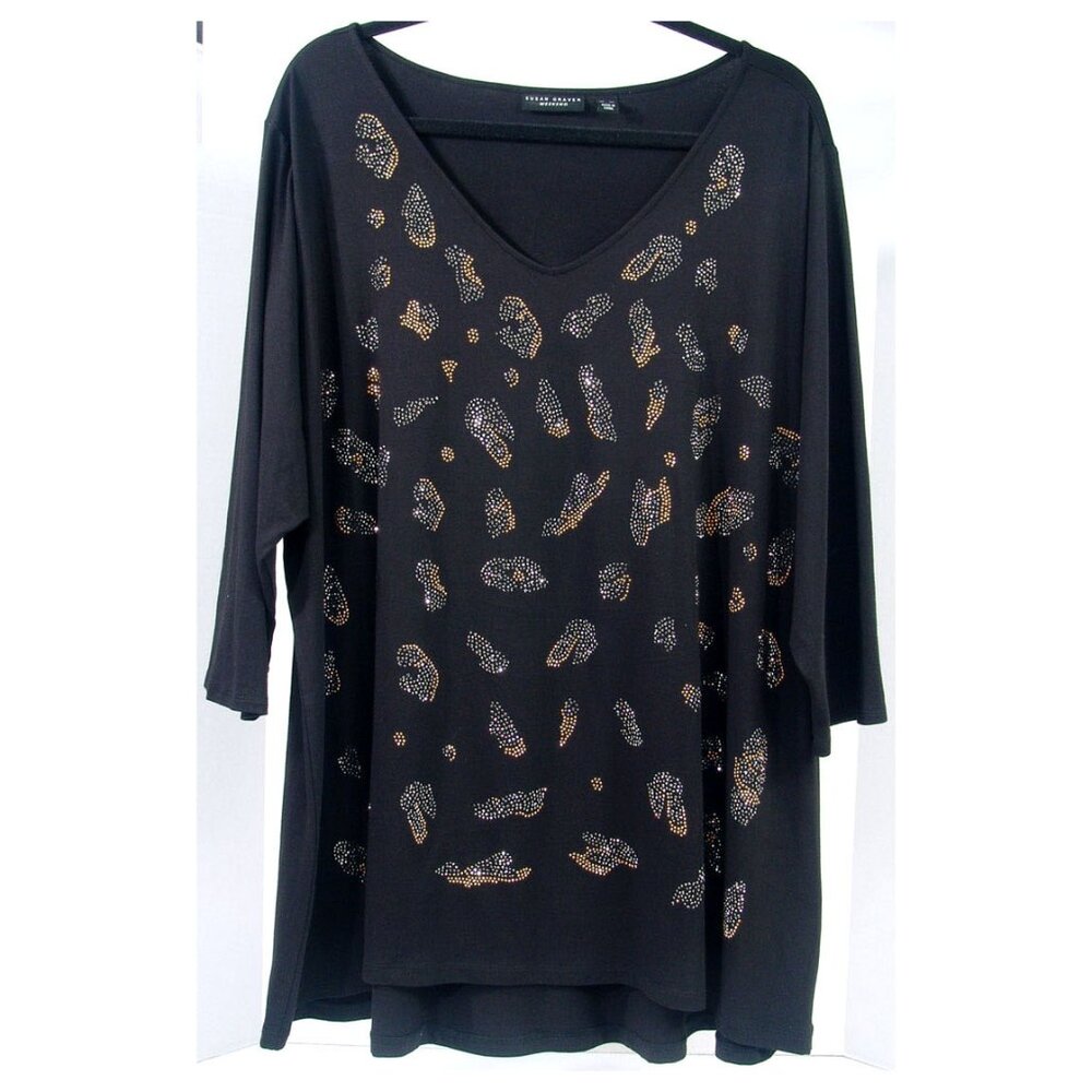 NWOT Susan Graver 3X Embellished Studs Animal Print Top Black Party Cotton Modal